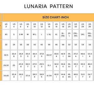 May include: A Lunaria Pattern size chart showing US, international, and European sizes. Measurements for bust, waist, and hips are in inches, with sizes from US 2 to 30. Equivalent cm measurements are also shown.