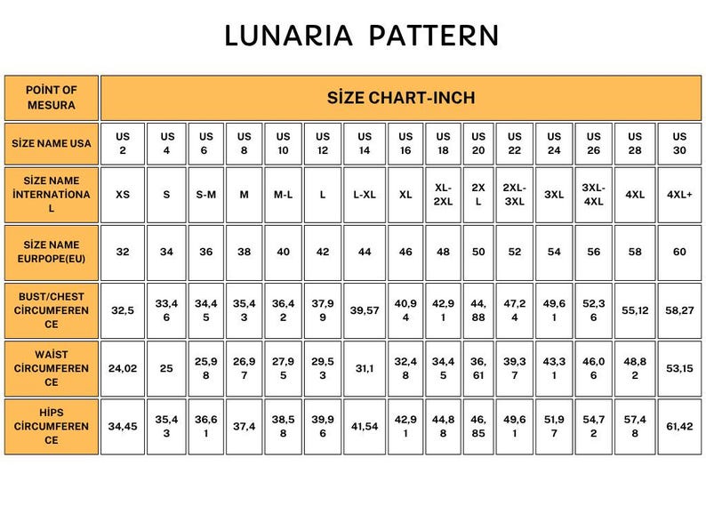 May include: A Lunaria Pattern size chart showing US, international, and European sizes. Measurements for bust, waist, and hips are in inches, with sizes from US 2 to 30. Equivalent cm measurements are also shown.