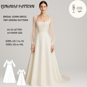 Op de afbeelding: Een crèmekleurige trouwjurk met een vierkante halslijn en doorschijnende mouwen. De jurk heeft een getailleerd lijfje en een zwierige rok. De afbeelding bevat tekst: "LUNARIA PATTERN", "BRIDAL GOWN DRESS PDF SEWING PATTERN", "AO-US LETTER- A4 PAPER SIZE", en "SIZES ;US 2 to 30 SIZES ;XS to 4XL".