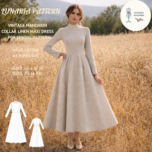 May include: A woman wearing a beige linen maxi dress with a mandarin collar and long sleeves. The dress is a PDF sewing pattern from Lunaria Pattern, with sizes US 2 to 30 and XS to 4XL. The text on the image reads "VINTAGE MANDARIN COLLAR LINEN MAXI DRESS".