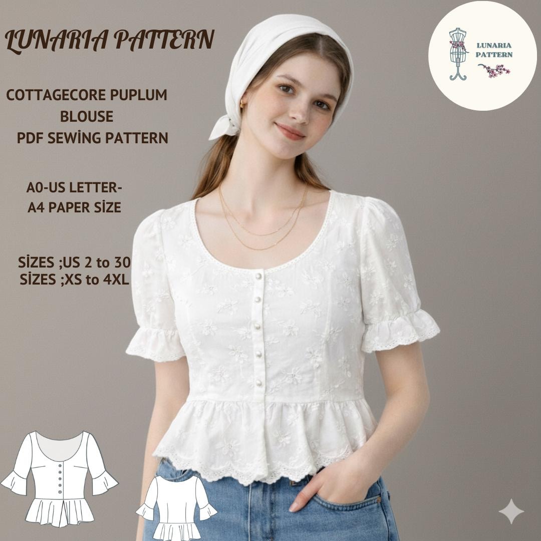Cottagecore Peplum Blouse Sewing Pattern | Puff Sleeve Boho Top (PDF ...