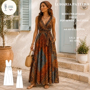 May include: A sleeveless maxi dress featuring a wrap-style bodice, a tie waist, and a full-length skirt with a multi-colored paisley and geometric print in shades of orange, brown, and blue. Includes a matching headscarf and a woven straw handbag.