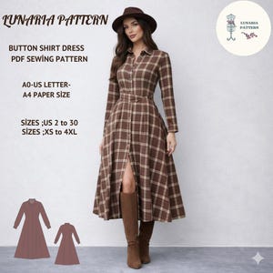 May include: A button-down shirt dress sewing pattern with a brown plaid design. The pattern includes sizes US 2 to 30 and XS to 4XL. The text on the image reads "LUNARIA PATTERN" and "BUTTON SHIRT DRESS PDF SEWING PATTERN".