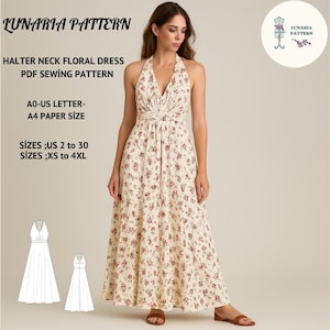 May include: A woman wearing a cream-colored halter neck floral dress. The dress has a V-neckline and a flowing skirt. The image also includes text that reads "LUNARIA PATTERN" and "HALTER NECK FLORAL DRESS PDF SEWING PATTERN".