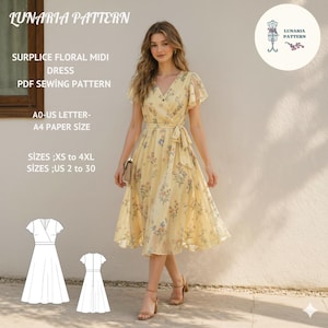 Peut inclure: Une femme porte une robe midi jaune à fleurs avec un corsage croisé et une taille nouée. La robe a des manches courtes et une jupe fluide. L'image comprend un patron de couture avec le texte "LUNARIA PATTERN" et "SURPLICE FLORAL MIDI DRESS".