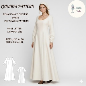 Puede incluir: Una mujer con un vestido camisero renacentista color crema. El vestido tiene mangas largas y un escote redondo. La imagen incluye el texto "LUNARIA PATTERN" y detalles sobre el patrón del vestido, incluyendo tallas US 2 a 30 y XS a 4XL.