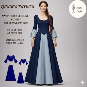 Può includere: Un modello di cucito per una blusa e una gonna con scollo a cuore blu navy e azzurro. Il modello include le taglie US 2 a 30 e XS a 4XL. L'immagine mostra anche una donna che indossa l'abito. Il testo sull'immagine dice "LUNARIA PATTERN".