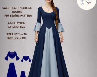 Medieval Cosplay Dress Sewing Pattern Set: Blouse, Skirt (PDF Pattern, XS-4XL)
