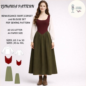 Conjunto de patrones de costura para traje medieval renacentista: blusa, corpiño y falda (patrón en PDF, tallas XS-4XL)