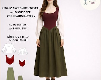 Renaissance Medieval Outfit Sewing Pattern Set: Blouse, Bodice, Skirt (PDF Pattern, XS-4XL)