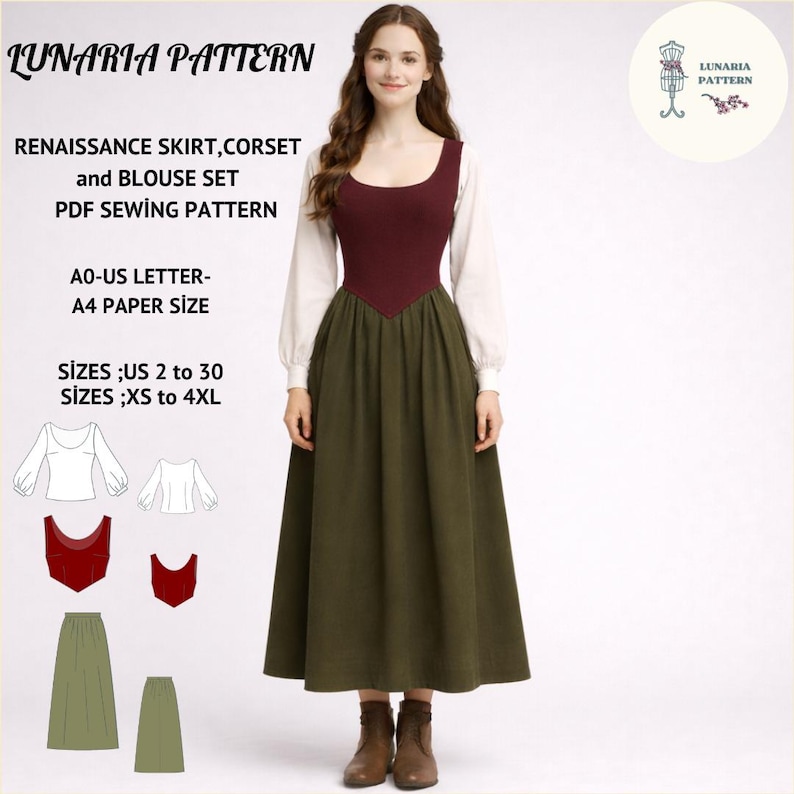 Renaissance Medieval Outfit Sewing Pattern Set: Blouse, Bodice, Skirt (PDF Pattern, XS-4XL) image 1