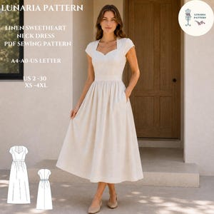 以下が含まれることがあります： LUNARIA PATTERN、LINEN SWEETHEART NECK DRESS、PDF SEWING PATTERN、A4-A0-US LETTER、US 2-30、XS-4XLのテキストが記載された、ベージュのリネン製ハートネックドレスのPDF型紙。ドレスの前面と背面の線画が含まれています。