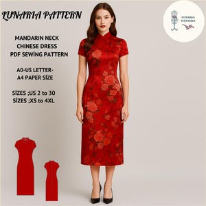 Red Cheongsam Dress Sewing Pattern:Mandarin Collar Qipao (PDF Download) US 2-30