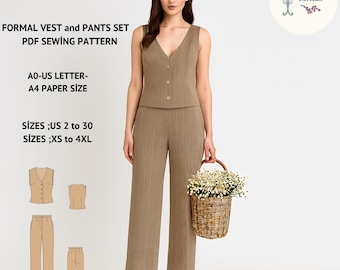 Elegant Pantsuit Sewing Pattern | Sleeveless Vest and Straight Pants(Digital PDF Download, XS-4XL)