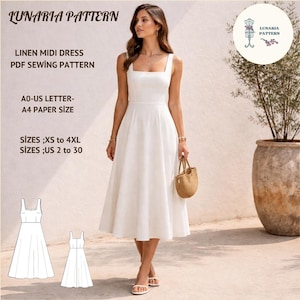 Op de afbeelding: Een witte linnen midi-jurk met een vierkante halslijn en brede bandjes. De jurk komt tot de knie en heeft een uitlopende rok. De afbeelding bevat ook de tekst "LUNARIA PATTERN" en "LINEN MIDI DRESS PDF SEWING PATTERN". Beschikbare maten: XS tot 4XL, US maten 2 tot 30.