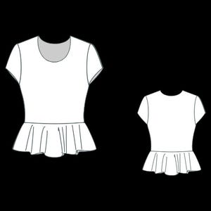 May include: Two white short-sleeved tops with a scoop neckline and a peplum hem. One top is larger than the other. The tops are set against a black background. The design is a simple line drawing.