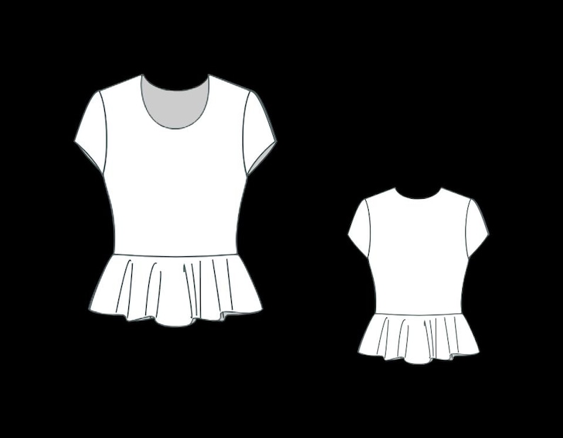 May include: Two white short-sleeved tops with a scoop neckline and a peplum hem. One top is larger than the other. The tops are set against a black background. The design is a simple line drawing.