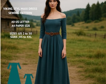 Viking Style Maxi Dress Sewing Pattern, Medieval Cosplay (A0 A4 US Letter)