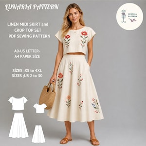 May include: A woman wearing a linen midi skirt and crop top set with floral embroidery. The set is cream-colored and features a high-waisted skirt and a short-sleeved crop top. The image includes the text "LUNARIA PATTERN" and "LINEN MIDI SKIRT and CROP TOP SET PDF SEWING PATTERN".