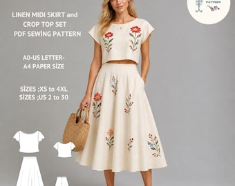Linen Crop Top & Midi Skirt Sewing Pattern: Summer Outfit (PDF Pattern, XS-4XL)