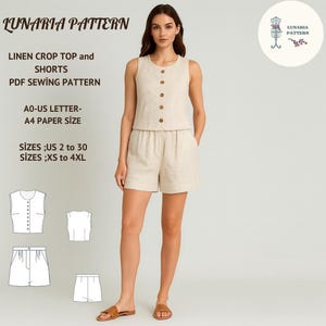 Linen Crop Top & Shorts Sewing Pattern: High Waisted, Pleated (PDF Download, XS-4XL)