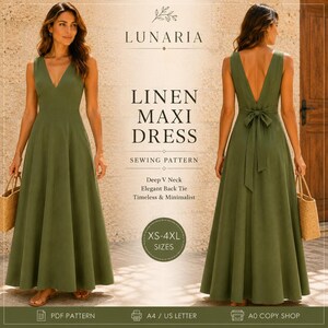 Könnte beinhalten: Ein Schnittmuster für ein bodenlanges Leinenkleid in Olivgrün mit tiefem V-Ausschnitt, ärmellosem Oberteil und Bindegürtel am Rücken. Der Text lautet LUNARIA LINEN MAXI DRESS SEWING PATTERN, Deep V Neck, Elegant Back Tie, Timeless & Minimalist, XS-4XL SIZES.