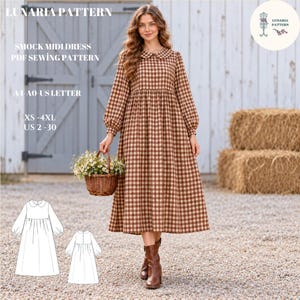 May include: A brown and beige gingham midi dress with a rounded collar and long sleeves. Text reads: LUNARIA PATTERN, SMOCK MIDI DRESS PDF SEWING PATTERN, A4-A0-US LETTER, XS-4XL, US 2-30. Includes a line drawing of the dress front and back views.