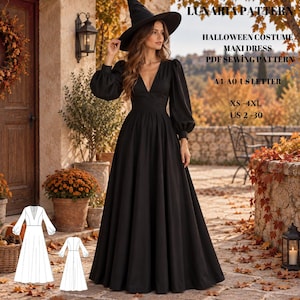 Op de afbeelding: Een zwarte maxi-jurk met lange pofmouwen en een V-hals, gecombineerd met een puntige heksenhoed. Tekst: LUNARIA PATTERN, HALLOWEEN COSTUME, MAXI DRESS, PDF SEWING PATTERN, A4-A0-US LETTER, XS-4XL, US 2-30. Inclusief een witte lijntekening van de jurk.