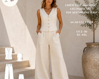 May include: A beige linen vest and wide-leg pants set PDF sewing pattern titled Lunaria Pattern. The set includes a button-front vest and high-waisted trousers. Text includes US 2-30, XS-4XL, and A4-A0-US Letter. Technical line drawings are shown.