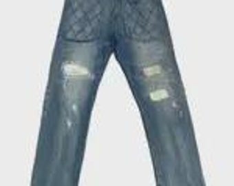 Denim desgastado vintage de marca japonesa Outer Space, estilo patchwork, tipo recto, raro