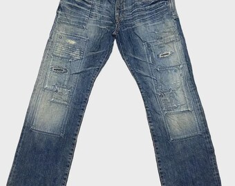 Mezclilla desgastada de conteo completo de marca japonesa vintage con orillo, hecha en Japón