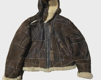 Kurtka Vintage Japanese Patchwork B3: skóra owcza z kapturem
