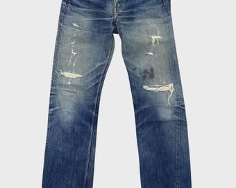 Mezclilla desgastada de conteo completo de marca japonesa vintage con orillo, hecha en Japón