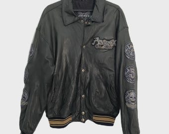 Vintage Avirex Co LTD Riders & Rims leren jack in hiphopstijl met borduursels schedel Zeldzaam