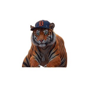 May include: A digital illustration of a tiger wearing a navy blue baseball cap with an orange "D" logo and a silver chain necklace. The tiger has orange and black stripes and green eyes.