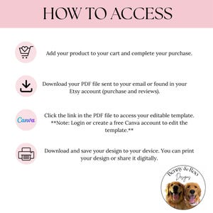 May include: A pink and white graphic with instructions on how to access a digital product. The text includes steps like adding to cart, downloading a PDF, and accessing a Canva template. A logo with two dogs is in the bottom right.
