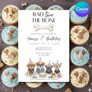 Może przedstawiać: Zaproszenie urodzinowe z tekstem "BAD two THE BONE" i "Harry's 2nd Birthday". Zaproszenie zawiera ilustracje psów w czapkach imprezowych i okularach przeciwsłonecznych. Babeczki z niebieskim i kremowym lukrem otaczają zaproszenie.