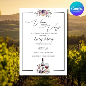 May include: White invitation with black text, floral accents, and a wine bottle illustration. The invitation reads "Vine Before Vows" and is for a bridal shower in honor of Lucy May. Includes RSVP information and location.