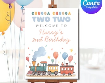 Chugga Chugga Two Two 2nd Birthday Welcome Sign, Editable Canva Template, 18x24, 16x20