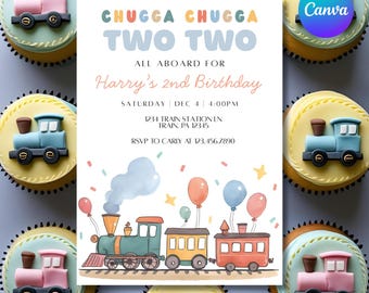 Chugga Chugga Two Two 2nd Birthday Invitation, Editable Canva Template, 5x7