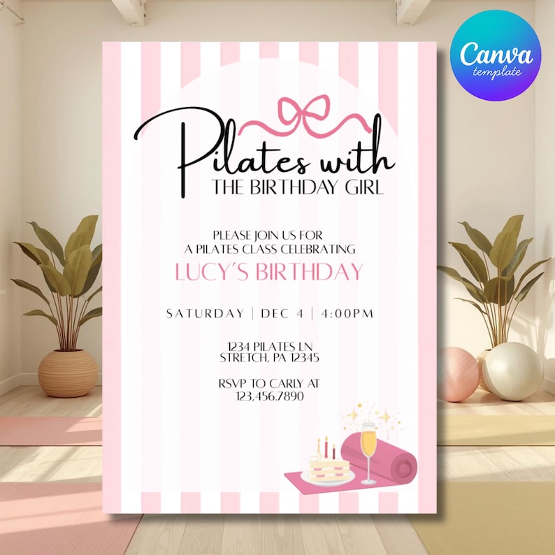 Pilates Birthday Invite Editable Canva Template, 5x7