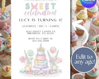 Candy Girl Birthday Invitation, Sweet Celebration, Editable Canva Template, 5x7