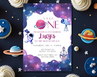 First Trip Around the Sun Birthday Invitation, Space Themed 1st Birthday, Editable Canva Template, 5x7