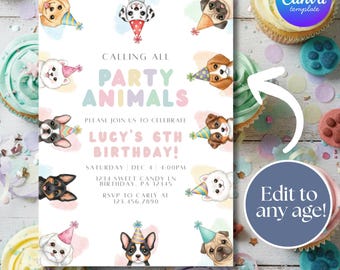 Party Animal Girl Birthday Invitation, Puppy Party, Pastel Watercolor, Canva Template, 5x7