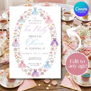Pode incluir: Um convite para uma festa de chá com tema de princesa, com ilustrações em aquarela de vestidos, xícaras de chá e coroas. O convite diz "Tea Party" e "Princesa Olivia faz 4 anos!" com detalhes do evento. O design tem uma borda decorativa.