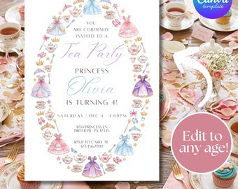 Princess Tea Party Invitation, Watercolor Girl Birthday, Editable Canva Template, 5x7