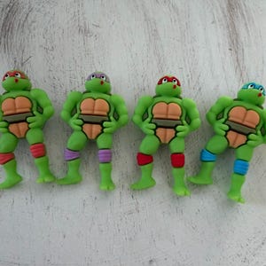 May include: Four green Teenage Mutant Ninja Turtle figurines with different colored masks and knee pads. Each figure has a tan chest and a brown belt. The figures are posed with their hands on their hips.