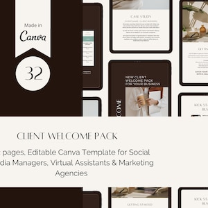 May include: A digital marketing template set with a dark brown and white color scheme. The design includes the text "Made in Canva" and "32". The template is for social media managers, virtual assistants, and marketing agencies.