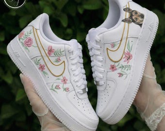Buty ślubne Air Force 1 z portretem zwierzaka, kwiatowe trampki ślubne ze złotymi zdobieniami