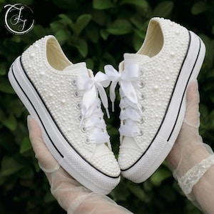 Pearl Embellished Bridal Converse Low Top Platform Sneakers, White Wedding Shoes with Satin Bows